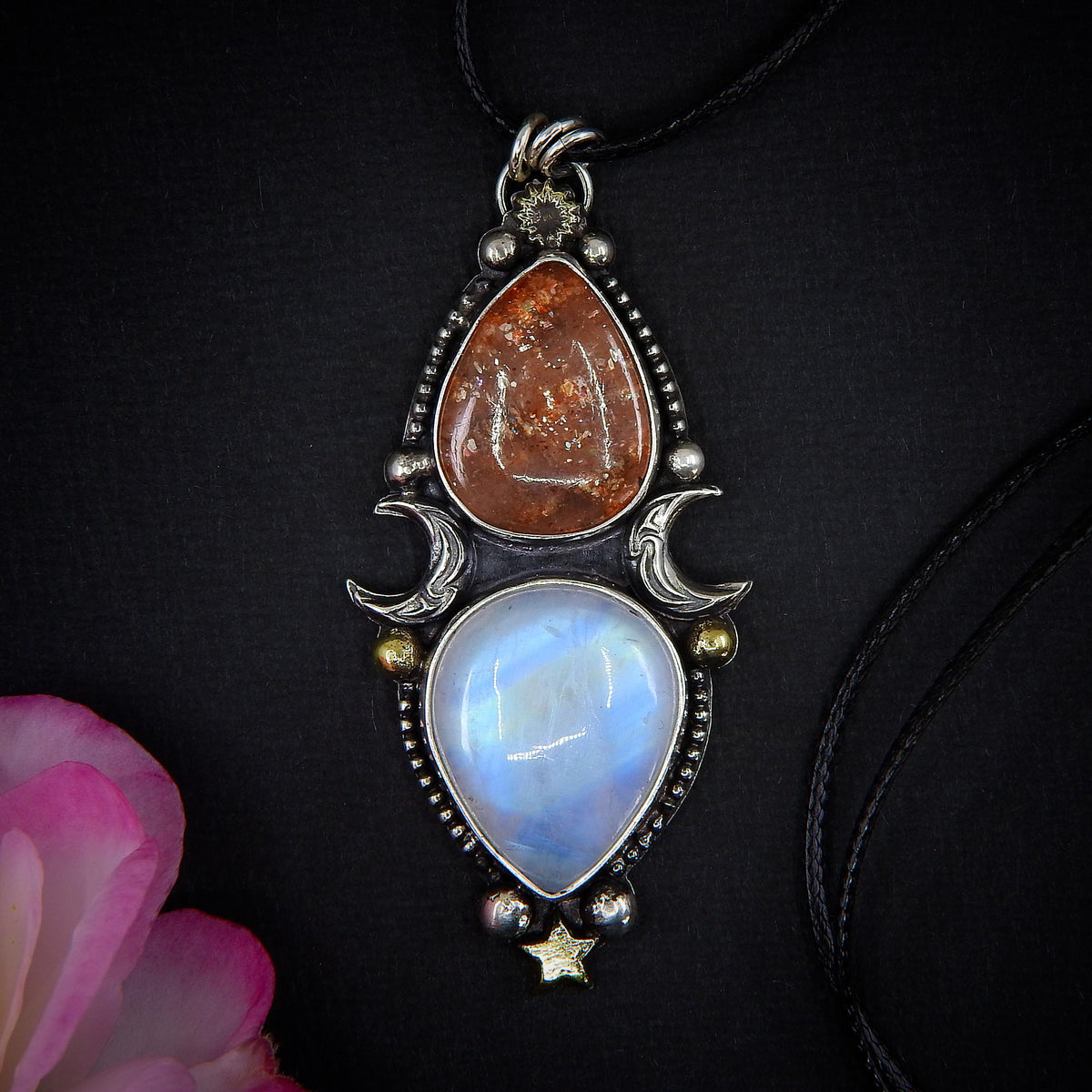 Sunstone & Moonstone Pendant - Sterling Silver - Crescent Moon, Sun and Star Jewelry - Confetti Sunstone - Multi Stone Celestial Necklace