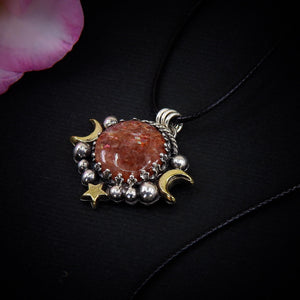 Sunstone Pendant - Sterling Silver - Triple Goddess Necklace - Crescent Moon, Sun and Star Jewelry - Confetti Sunstone Celestial Necklace