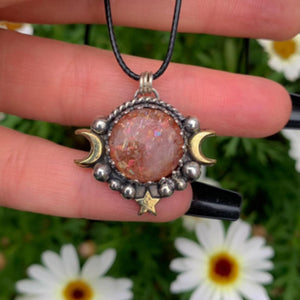 Sunstone Pendant - Sterling Silver - Triple Goddess Necklace - Crescent Moon, Sun and Star Jewelry - Confetti Sunstone Celestial Necklace