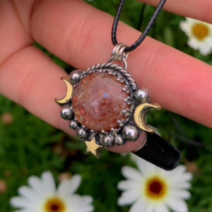 Sunstone Pendant - Sterling Silver - Triple Goddess Necklace - Crescent Moon, Sun and Star Jewelry - Confetti Sunstone Celestial Necklace