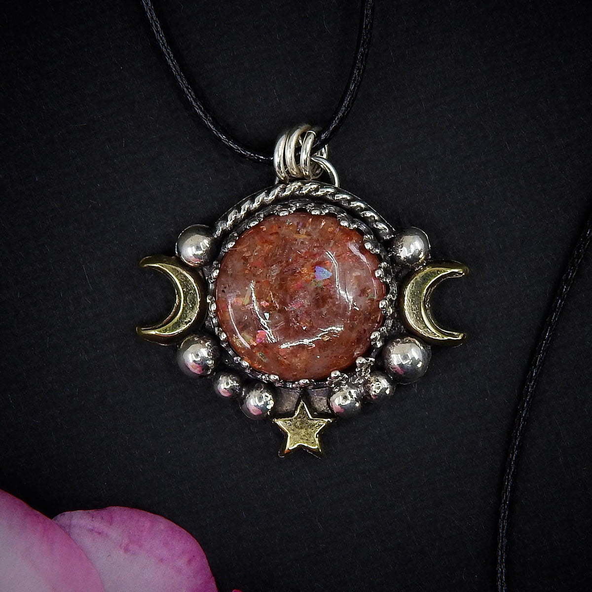 Sunstone Pendant - Sterling Silver - Triple Goddess Necklace - Crescent Moon, Sun and Star Jewelry - Confetti Sunstone Celestial Necklace