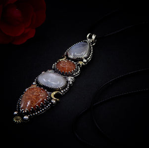 Sunstone & Moonstone Pendant - Sterling Silver - Crescent Moon, Sun and Star Jewelry - Confetti Sunstone -Four Stone Celestial Necklace