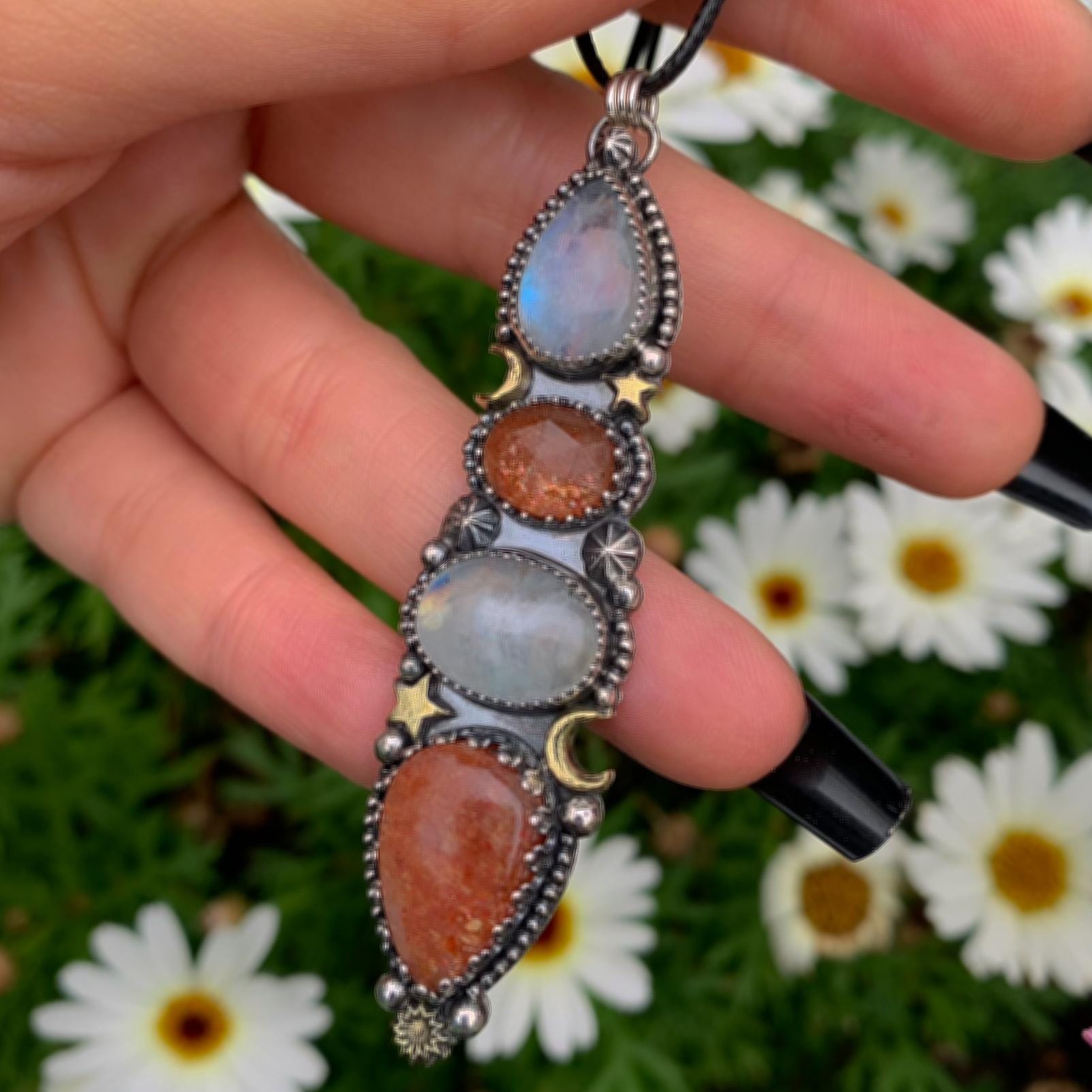 Sunstone & Moonstone Pendant - Sterling Silver - Crescent Moon, Sun and Star Jewelry - Confetti Sunstone -Four Stone Celestial Necklace