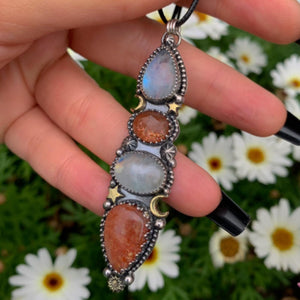 Sunstone & Moonstone Pendant - Sterling Silver - Crescent Moon, Sun and Star Jewelry - Confetti Sunstone -Four Stone Celestial Necklace