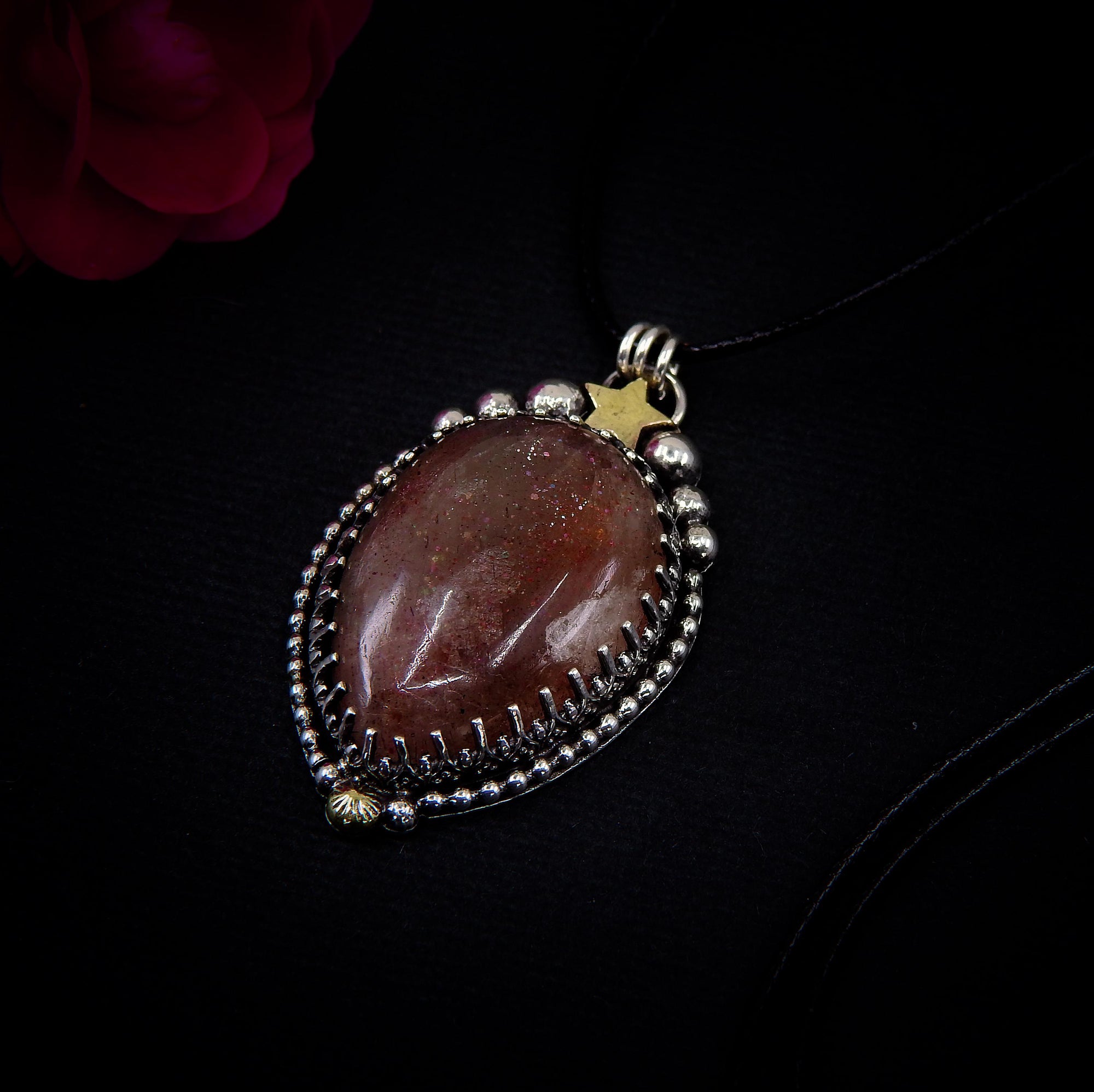 Sunstone Pendant - Sterling Silver - Confetti Sunstone Necklace - Crescent Moon, Sun and Star Jewelry - Teardrop Sunstone Celestial Necklace