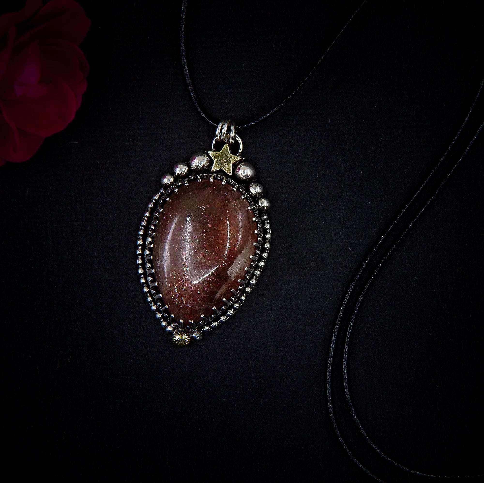 Sunstone Pendant - Sterling Silver - Confetti Sunstone Necklace - Crescent Moon, Sun and Star Jewelry - Teardrop Sunstone Celestial Necklace