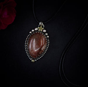 Sunstone Pendant - Sterling Silver - Confetti Sunstone Necklace - Crescent Moon, Sun and Star Jewelry - Teardrop Sunstone Celestial Necklace