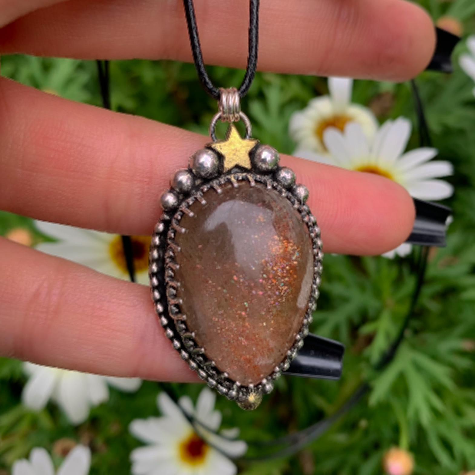 Sunstone Pendant - Sterling Silver - Confetti Sunstone Necklace - Crescent Moon, Sun and Star Jewelry - Teardrop Sunstone Celestial Necklace