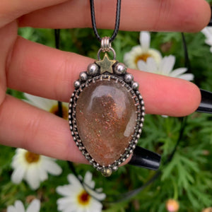 Sunstone Pendant - Sterling Silver - Confetti Sunstone Necklace - Crescent Moon, Sun and Star Jewelry - Teardrop Sunstone Celestial Necklace