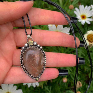 Sunstone Pendant - Sterling Silver - Confetti Sunstone Necklace - Crescent Moon, Sun and Star Jewelry - Teardrop Sunstone Celestial Necklace