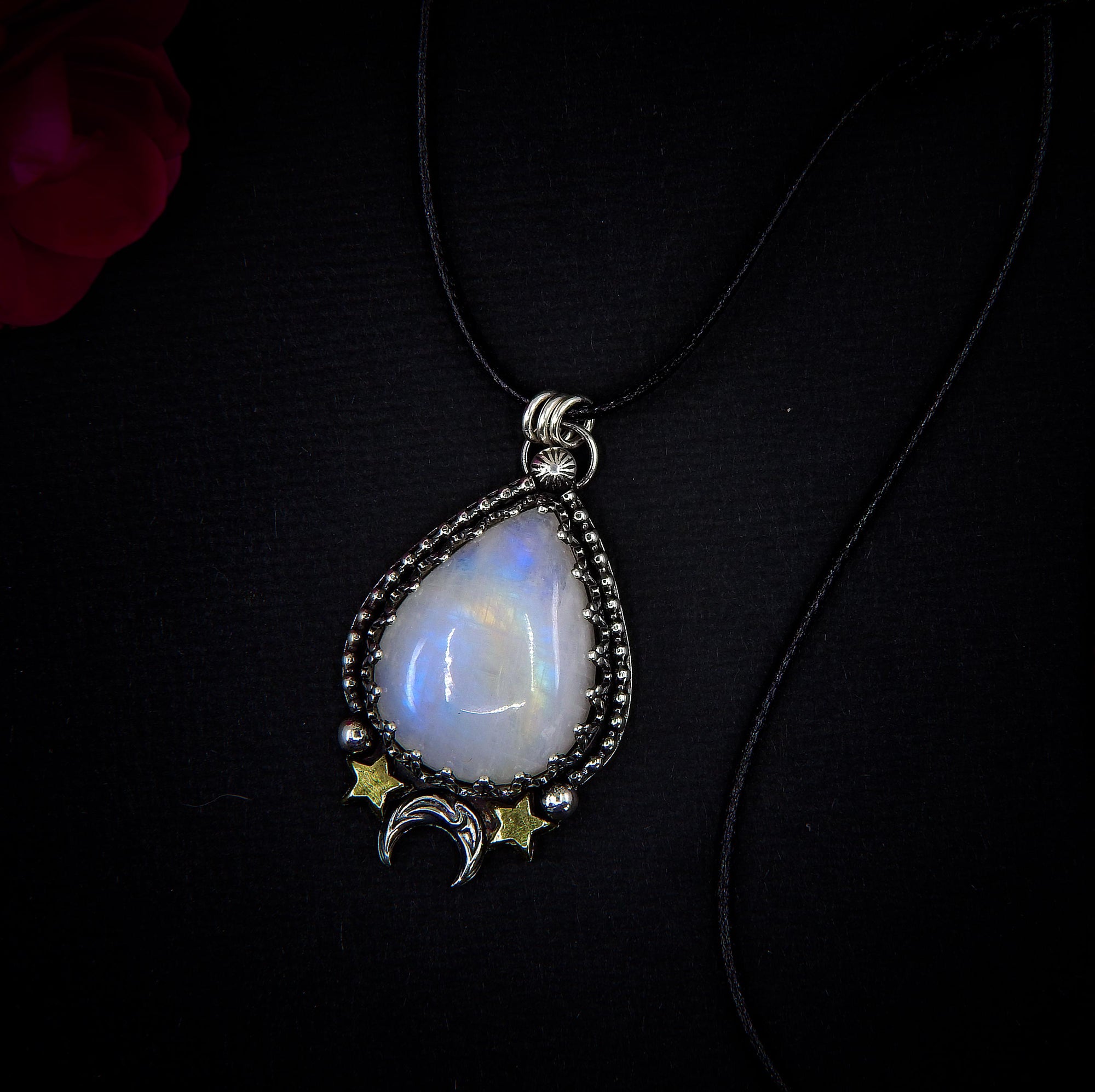 Moonstone Pendant - Sterling Silver - Crescent Moon & Star Jewelry - Rainbow Moonstone Celestial Teardrop Necklace