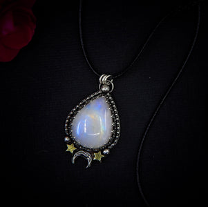 Moonstone Pendant - Sterling Silver - Crescent Moon & Star Jewelry - Rainbow Moonstone Celestial Teardrop Necklace
