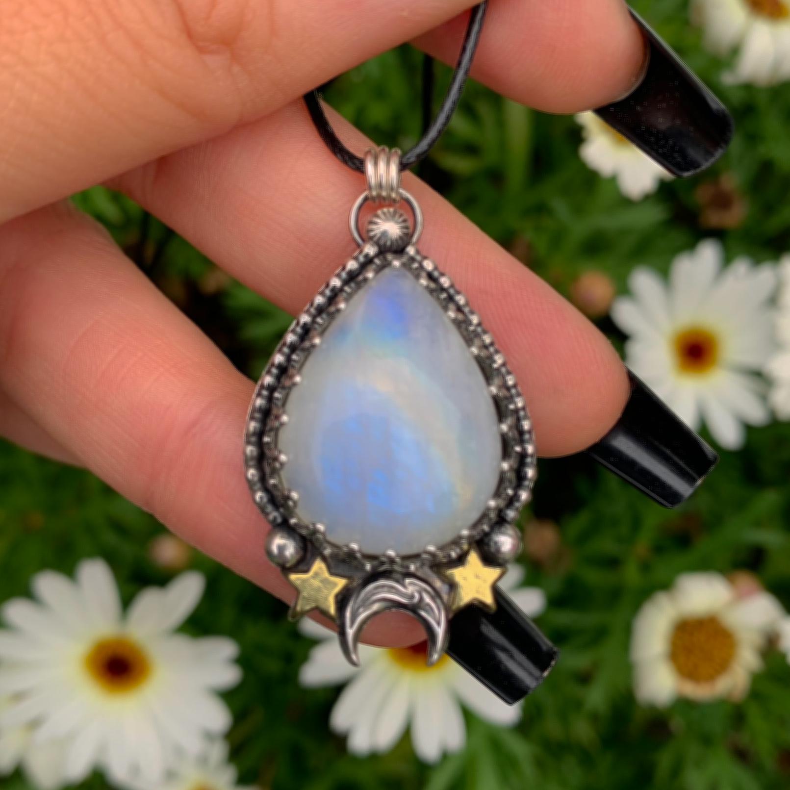 Moonstone Pendant - Sterling Silver - Crescent Moon & Star Jewelry - Rainbow Moonstone Celestial Teardrop Necklace