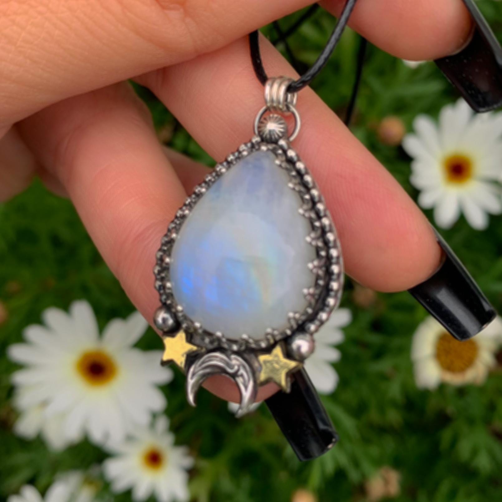Moonstone Pendant - Sterling Silver - Crescent Moon & Star Jewelry - Rainbow Moonstone Celestial Teardrop Necklace