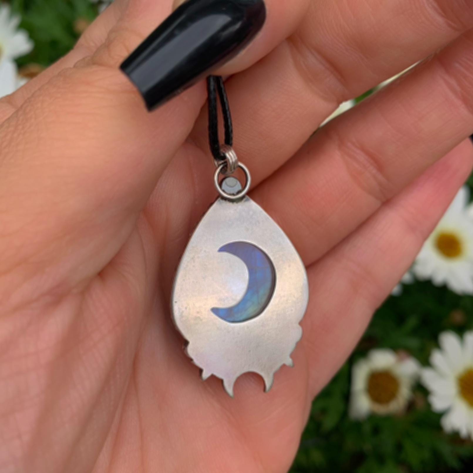 Moonstone Pendant - Sterling Silver - Crescent Moon & Star Jewelry - Rainbow Moonstone Celestial Teardrop Necklace