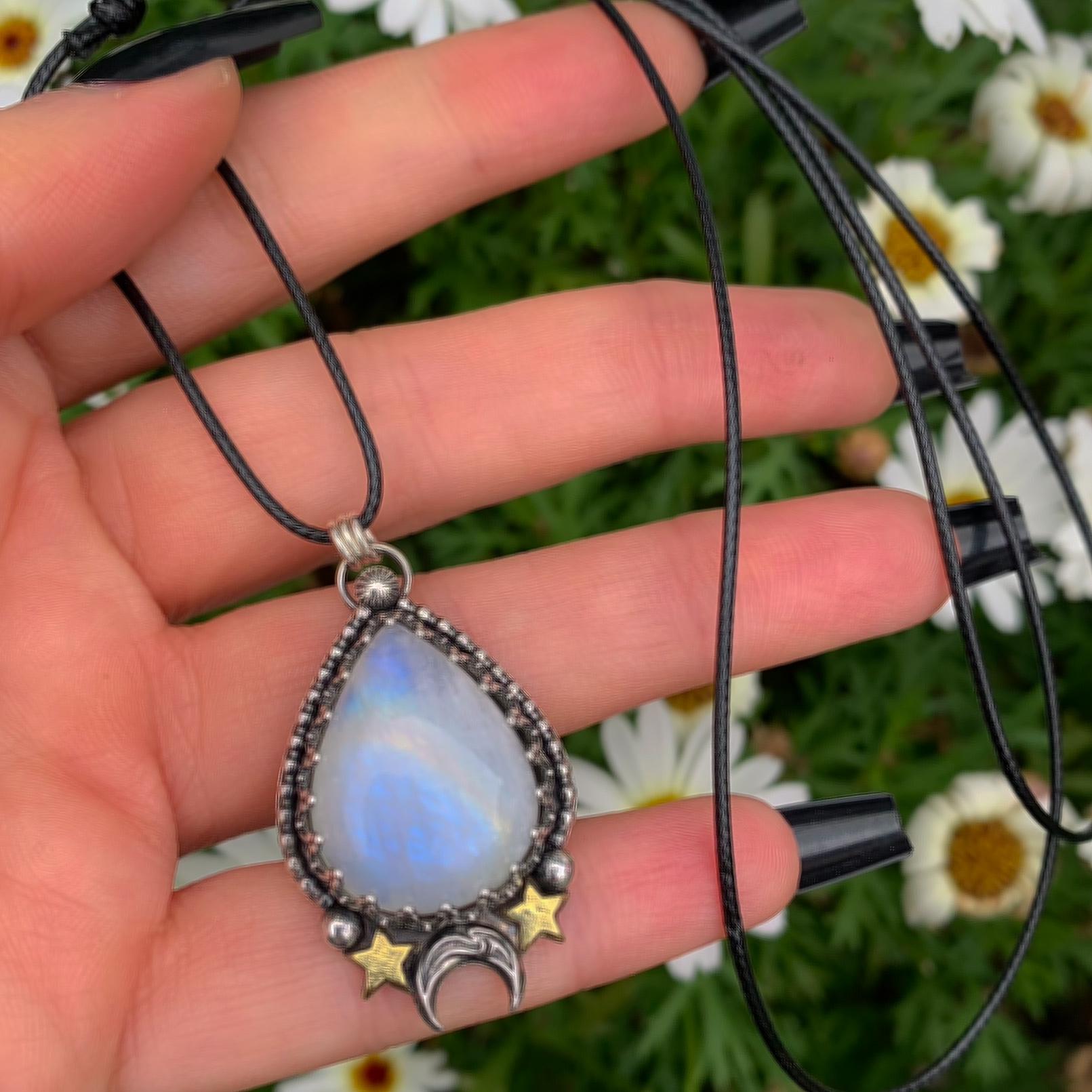 Moonstone Pendant - Sterling Silver - Crescent Moon & Star Jewelry - Rainbow Moonstone Celestial Teardrop Necklace