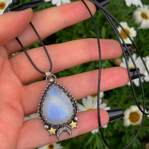 Moonstone Pendant - Sterling Silver - Crescent Moon & Star Jewelry - Rainbow Moonstone Celestial Teardrop Necklace