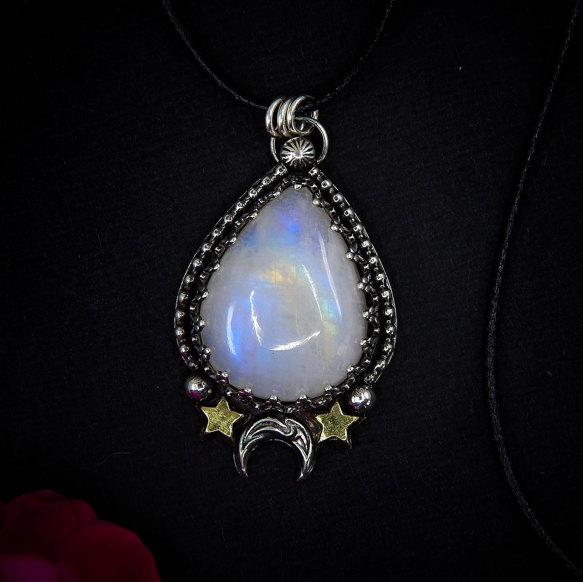 Moonstone Pendant - Sterling Silver - Crescent Moon & Star Jewelry - Rainbow Moonstone Celestial Teardrop Necklace
