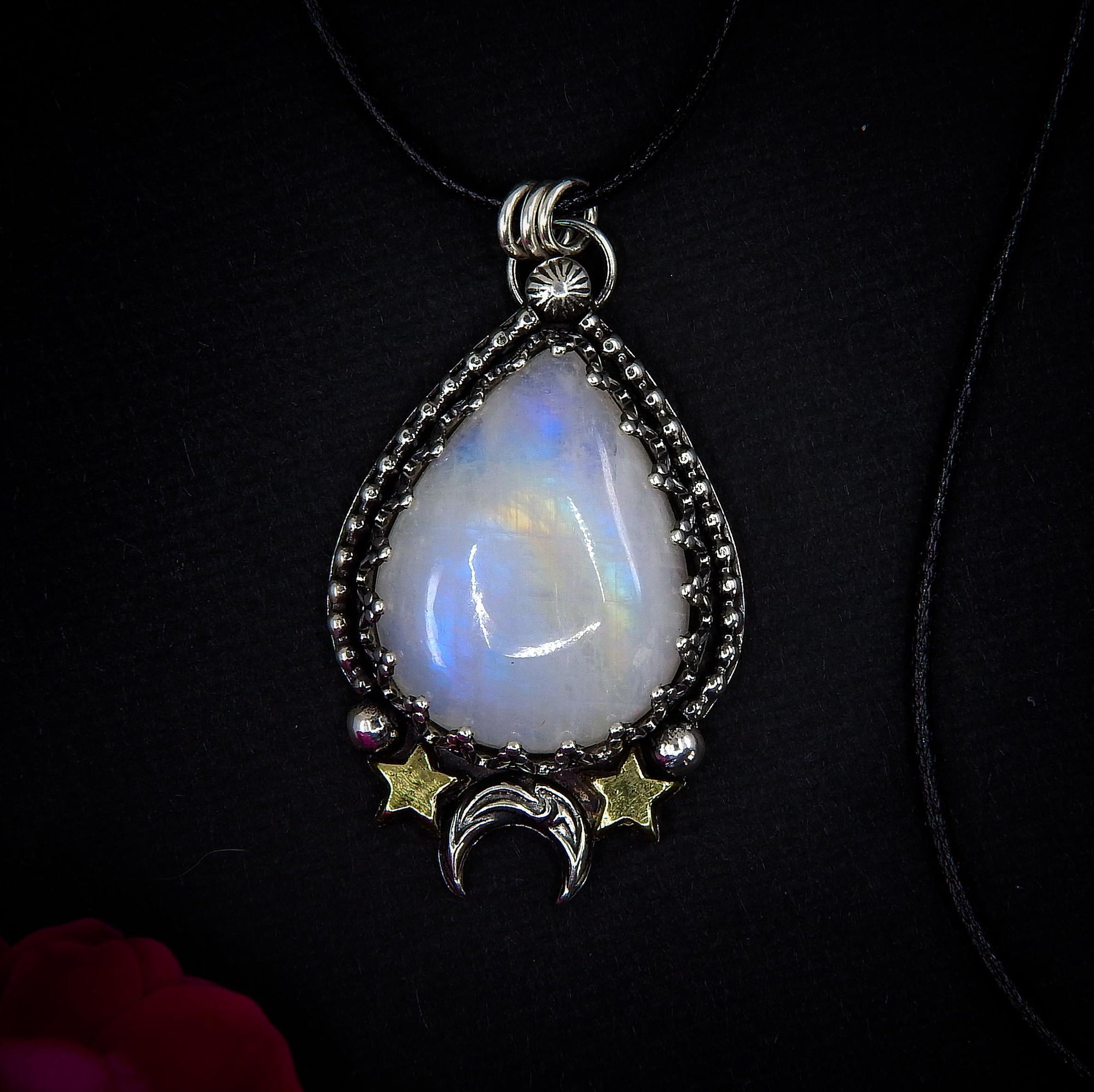Moonstone Pendant - Sterling Silver - Crescent Moon & Star Jewelry - Rainbow Moonstone Celestial Teardrop Necklace