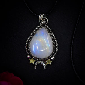 Moonstone Pendant - Sterling Silver - Crescent Moon & Star Jewelry - Rainbow Moonstone Celestial Teardrop Necklace