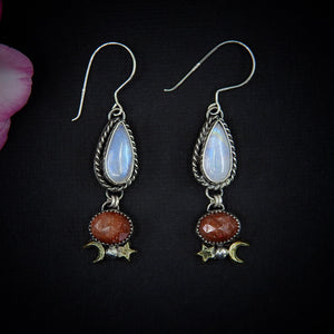 Sunstone & Moonstone Earrings - Sterling Silver - Crescent Moon, Sun and Star Jewelry - Confetti Sunstone - Multi Stone Celestial Dangles