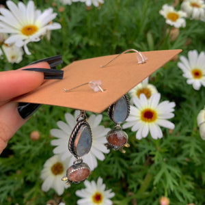 Sunstone & Moonstone Earrings - Sterling Silver - Crescent Moon, Sun and Star Jewelry - Confetti Sunstone - Multi Stone Celestial Dangles
