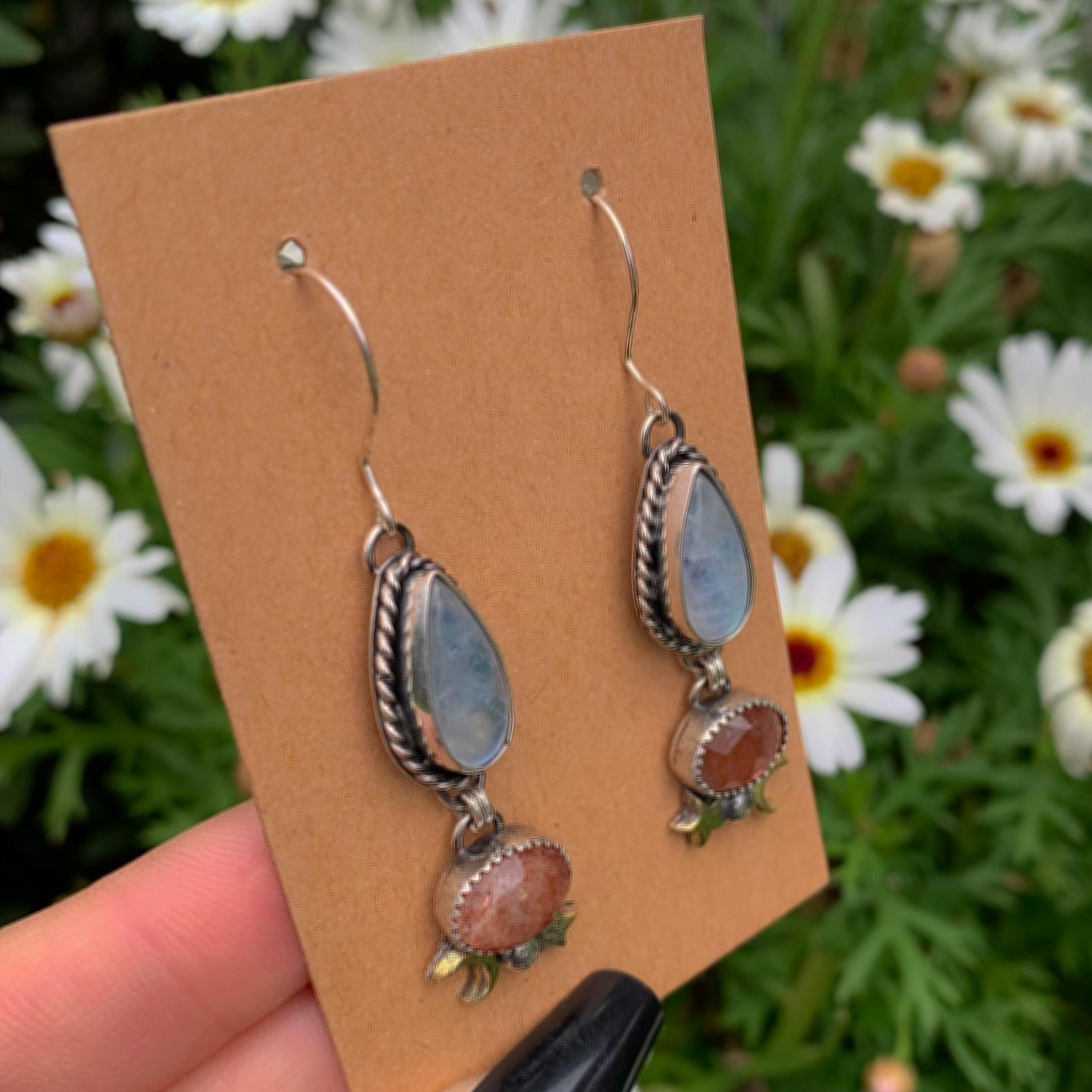 Sunstone & Moonstone Earrings - Sterling Silver - Crescent Moon, Sun and Star Jewelry - Confetti Sunstone - Multi Stone Celestial Dangles