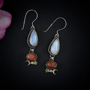 Sunstone & Moonstone Earrings - Sterling Silver - Crescent Moon, Sun and Star Jewelry - Confetti Sunstone - Multi Stone Celestial Dangles