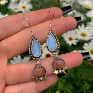 Sunstone & Moonstone Earrings - Sterling Silver - Crescent Moon, Sun and Star Jewelry - Confetti Sunstone - Multi Stone Celestial Dangles