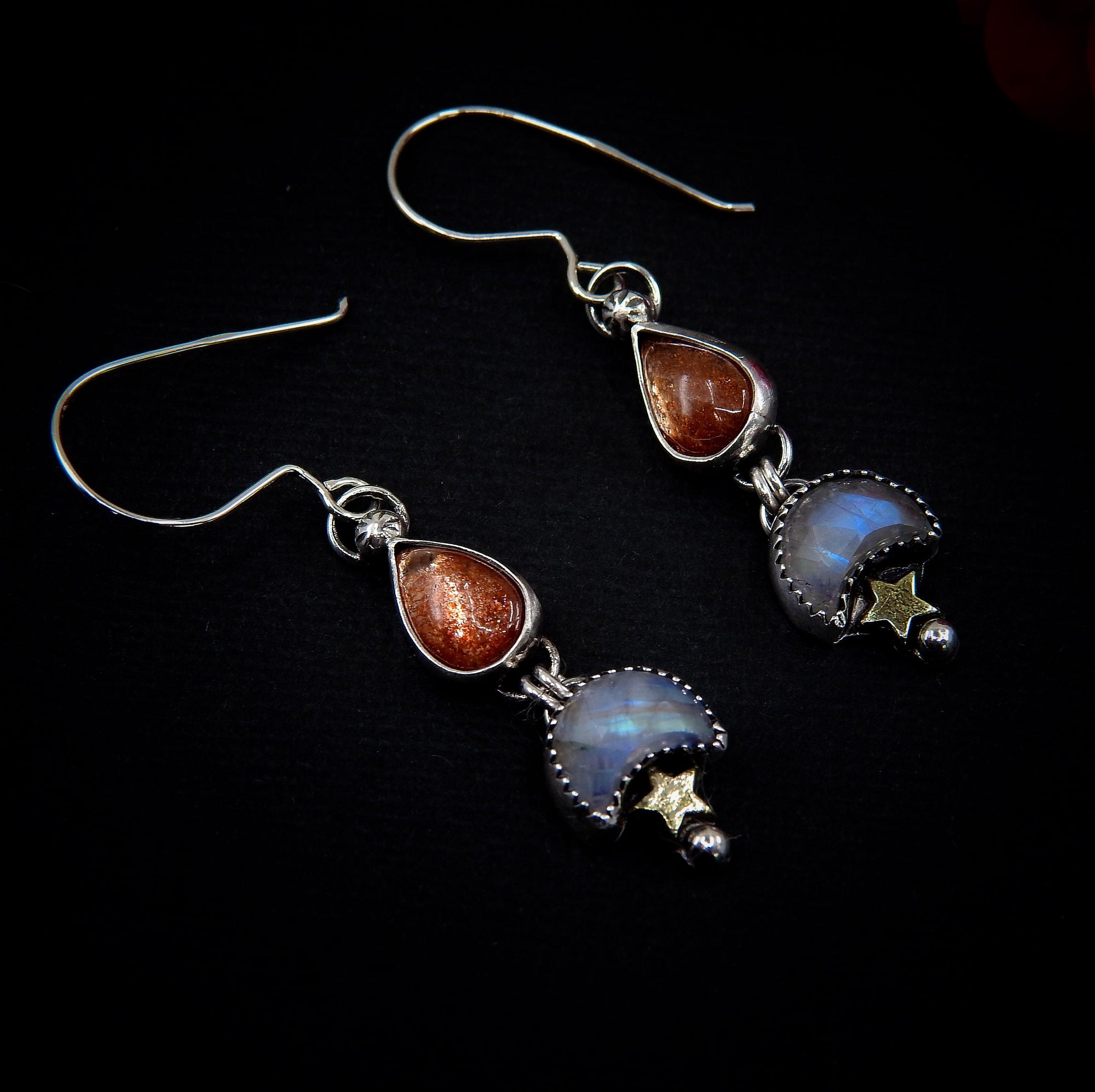 Sunstone & Moonstone Earrings - Sterling Silver - Crescent Moon, Sun and Star Jewelry - Confetti Sunstone - Multi Stone Celestial Dangles