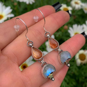 Sunstone & Moonstone Earrings - Sterling Silver - Crescent Moon, Sun and Star Jewelry - Confetti Sunstone - Multi Stone Celestial Dangles