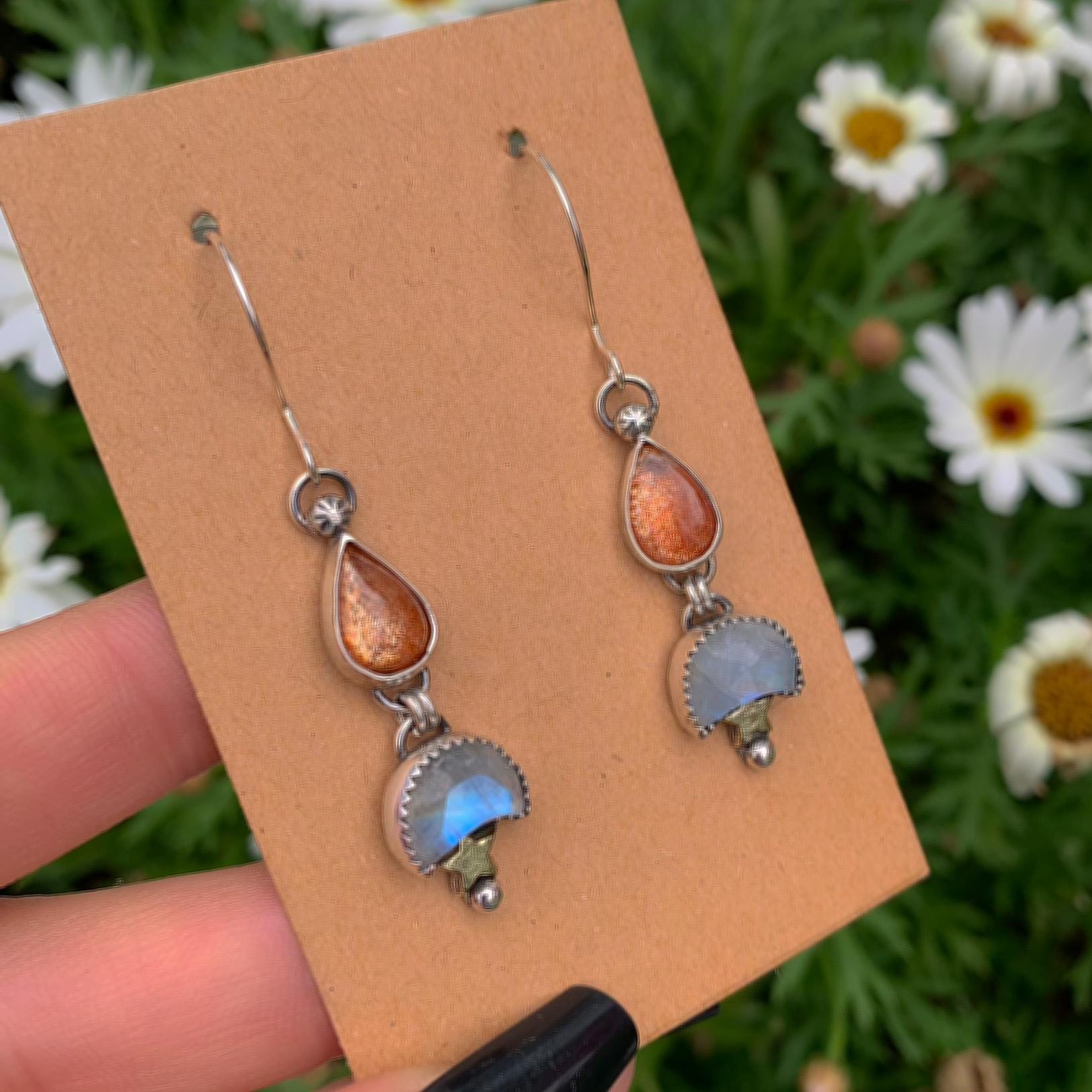 Sunstone & Moonstone Earrings - Sterling Silver - Crescent Moon, Sun and Star Jewelry - Confetti Sunstone - Multi Stone Celestial Dangles