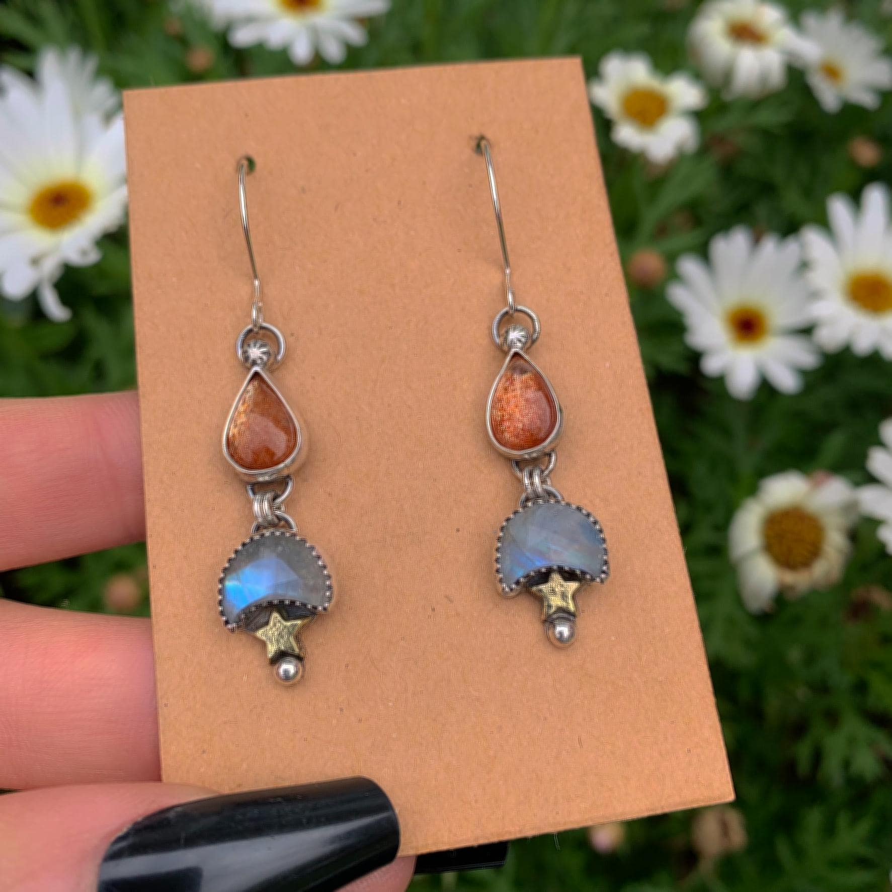 Sunstone & Moonstone Earrings - Sterling Silver - Crescent Moon, Sun and Star Jewelry - Confetti Sunstone - Multi Stone Celestial Dangles