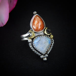Sunstone & Moonstone Ring - Size 6 1/4 - Sterling Silver - Crescent Moon and Sun Jewelry - Sunstone Jewellery - Multi Stone Celestial OOAK