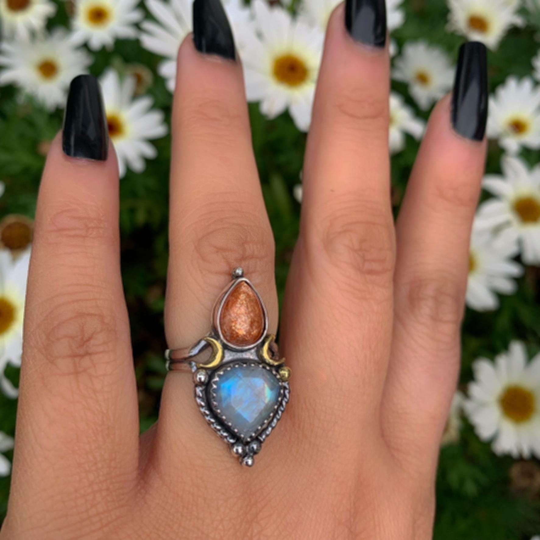 Sunstone & Moonstone Ring - Size 6 1/4 - Sterling Silver - Crescent Moon and Sun Jewelry - Sunstone Jewellery - Multi Stone Celestial OOAK
