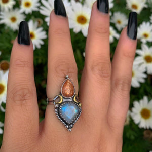 Sunstone & Moonstone Ring - Size 6 1/4 - Sterling Silver - Crescent Moon and Sun Jewelry - Sunstone Jewellery - Multi Stone Celestial OOAK