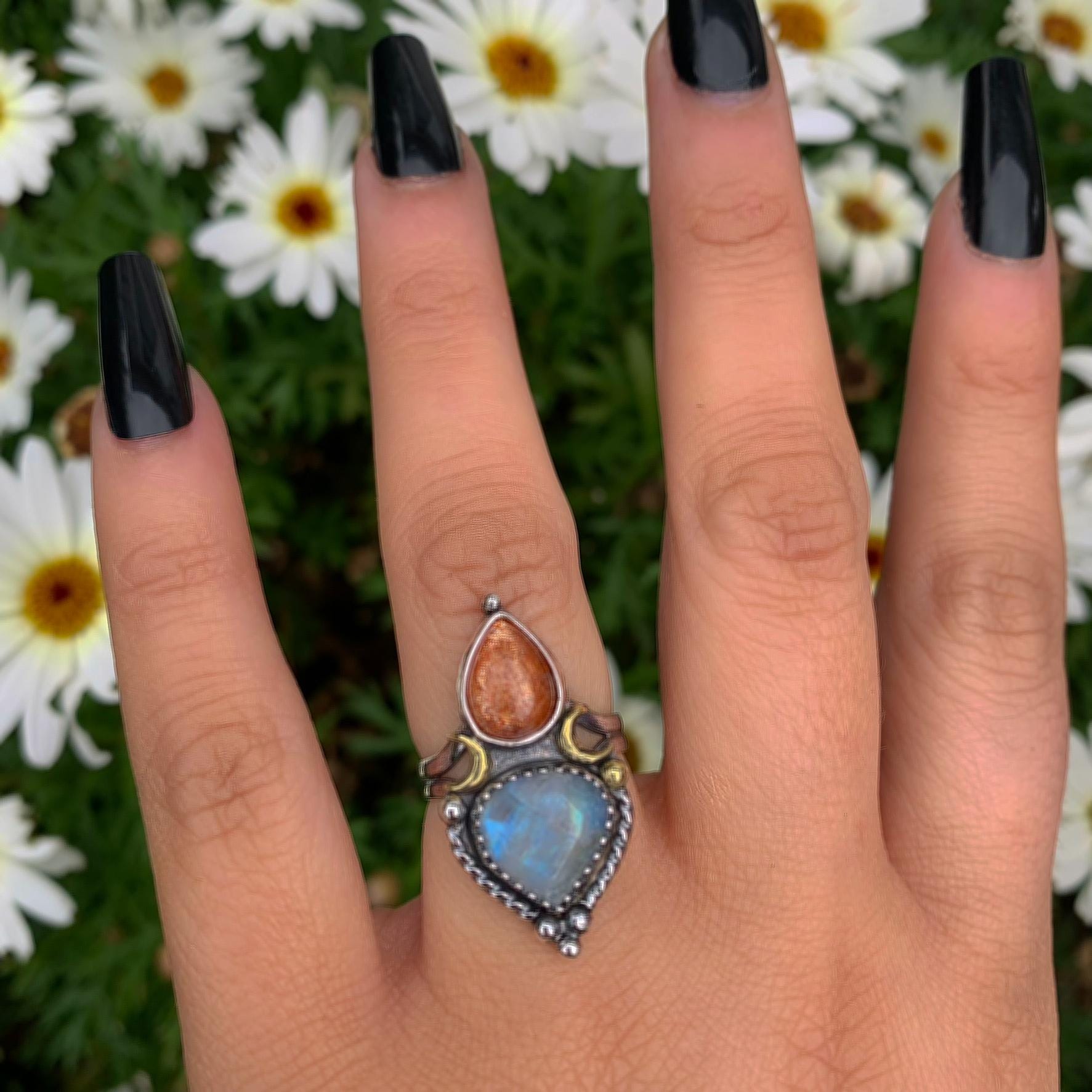 Sunstone & Moonstone Ring - Size 6 1/4 - Sterling Silver - Crescent Moon and Sun Jewelry - Sunstone Jewellery - Multi Stone Celestial OOAK