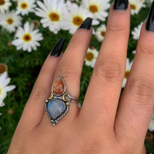 Sunstone & Moonstone Ring - Size 6 1/4 - Sterling Silver - Crescent Moon and Sun Jewelry - Sunstone Jewellery - Multi Stone Celestial OOAK