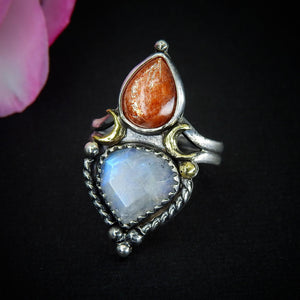 Sunstone & Moonstone Ring - Size 6 1/4 - Sterling Silver - Crescent Moon and Sun Jewelry - Sunstone Jewellery - Multi Stone Celestial OOAK