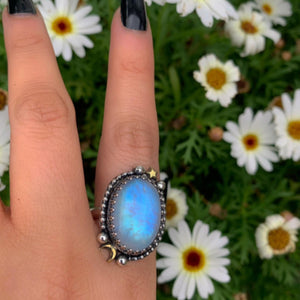Moonstone Ring - Size 10 - Sterling Silver - Celestial Rainbiw Moonstone Jewelry - Moon & Star Jewellery - Large Blue Moonstone Statement