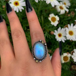 Moonstone Ring - Size 10 - Sterling Silver - Celestial Rainbiw Moonstone Jewelry - Moon & Star Jewellery - Large Blue Moonstone Statement
