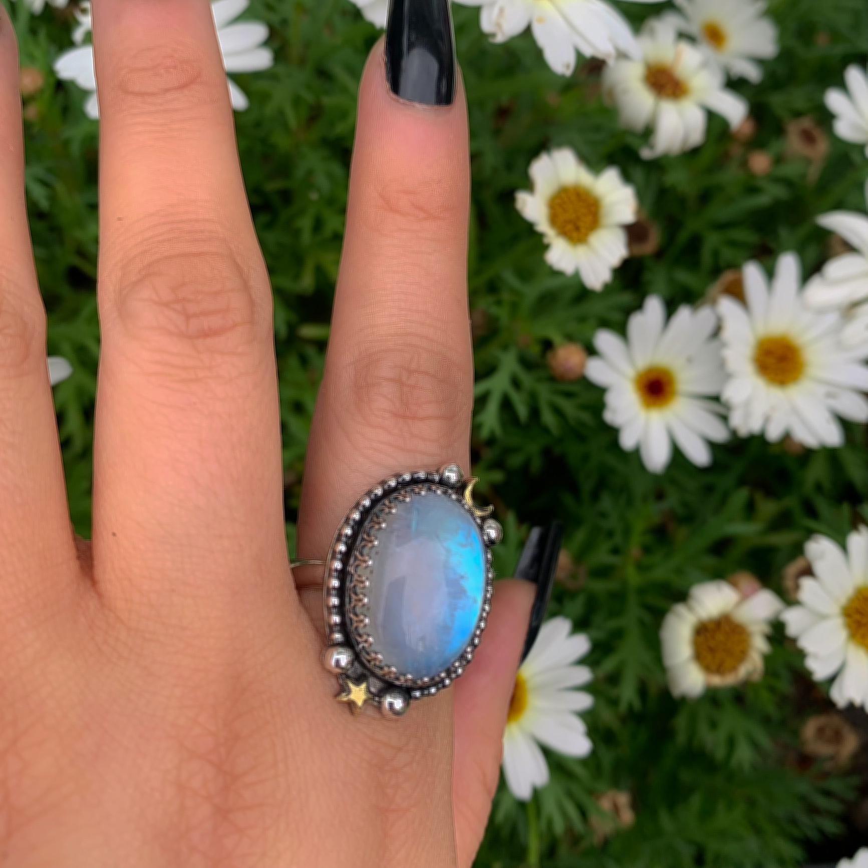 Moonstone Ring - Size 10 - Sterling Silver - Celestial Rainbiw Moonstone Jewelry - Moon & Star Jewellery - Large Blue Moonstone Statement