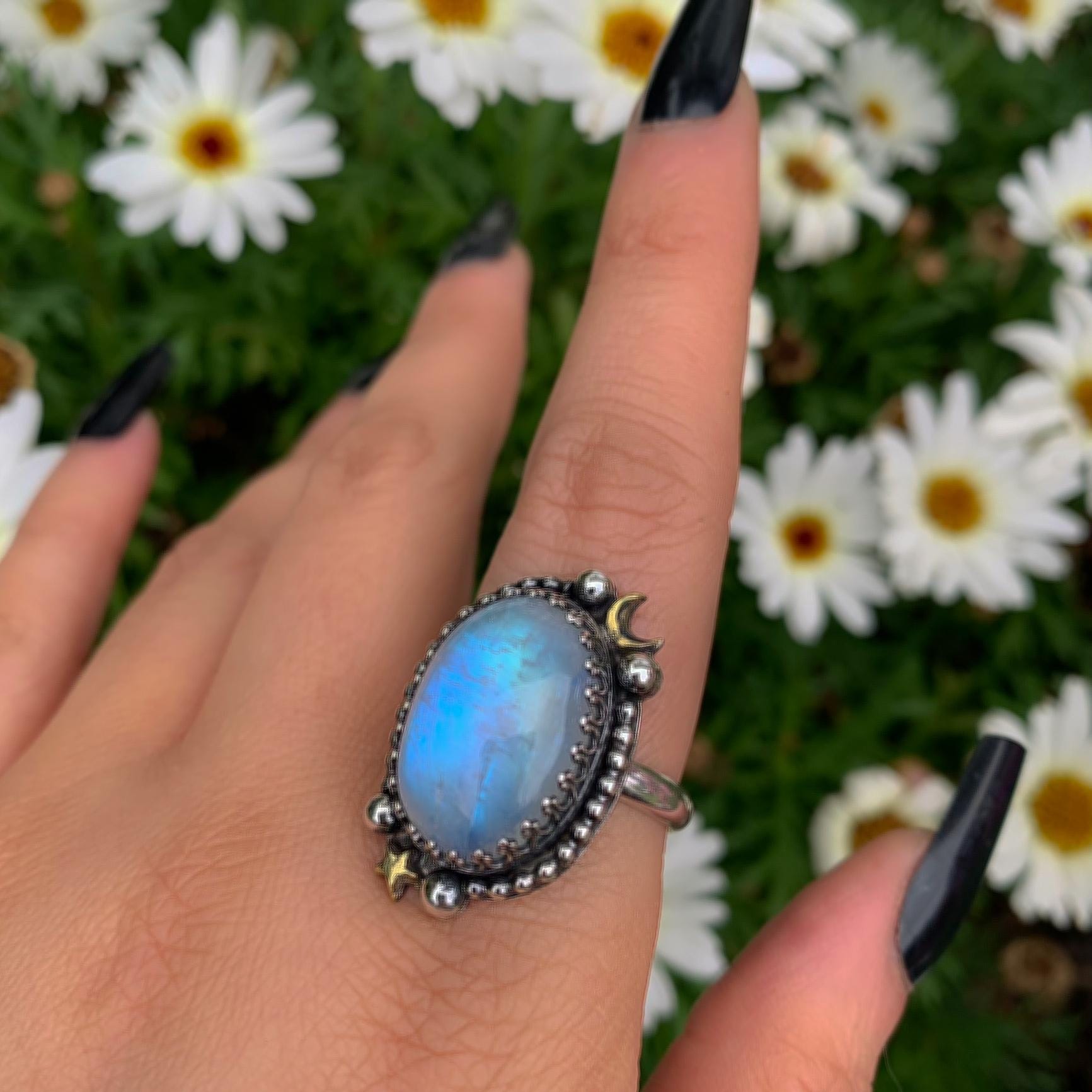 Moonstone Ring - Size 10 - Sterling Silver - Celestial Rainbiw Moonstone Jewelry - Moon & Star Jewellery - Large Blue Moonstone Statement