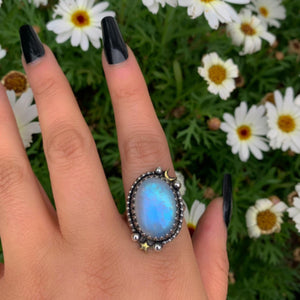 Moonstone Ring - Size 10 - Sterling Silver - Celestial Rainbiw Moonstone Jewelry - Moon & Star Jewellery - Large Blue Moonstone Statement