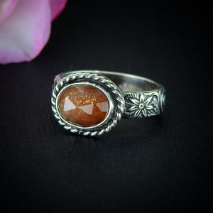 Sunstone Ring - Size 8 - Sterling Silver - Rose Cut Sunstone Jewelry - Sunstone Jewellery - Thick Floral Detailed Ring Band OOAK
