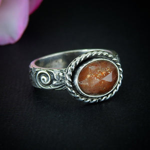 Sunstone Ring - Size 8 - Sterling Silver - Rose Cut Sunstone Jewelry - Sunstone Jewellery - Thick Floral Detailed Ring Band OOAK