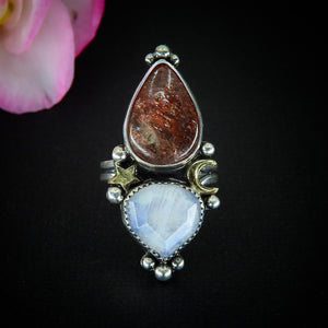 Sunstone & Moonstone Ring - Size 7 1/4 to 7 1/2 - Sterling Silver - Crescent Moon and Star Jewelry - Multi Stone Celestial Sunstone Ring
