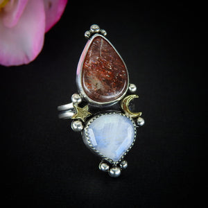 Sunstone & Moonstone Ring - Size 7 1/4 to 7 1/2 - Sterling Silver - Crescent Moon and Star Jewelry - Multi Stone Celestial Sunstone Ring