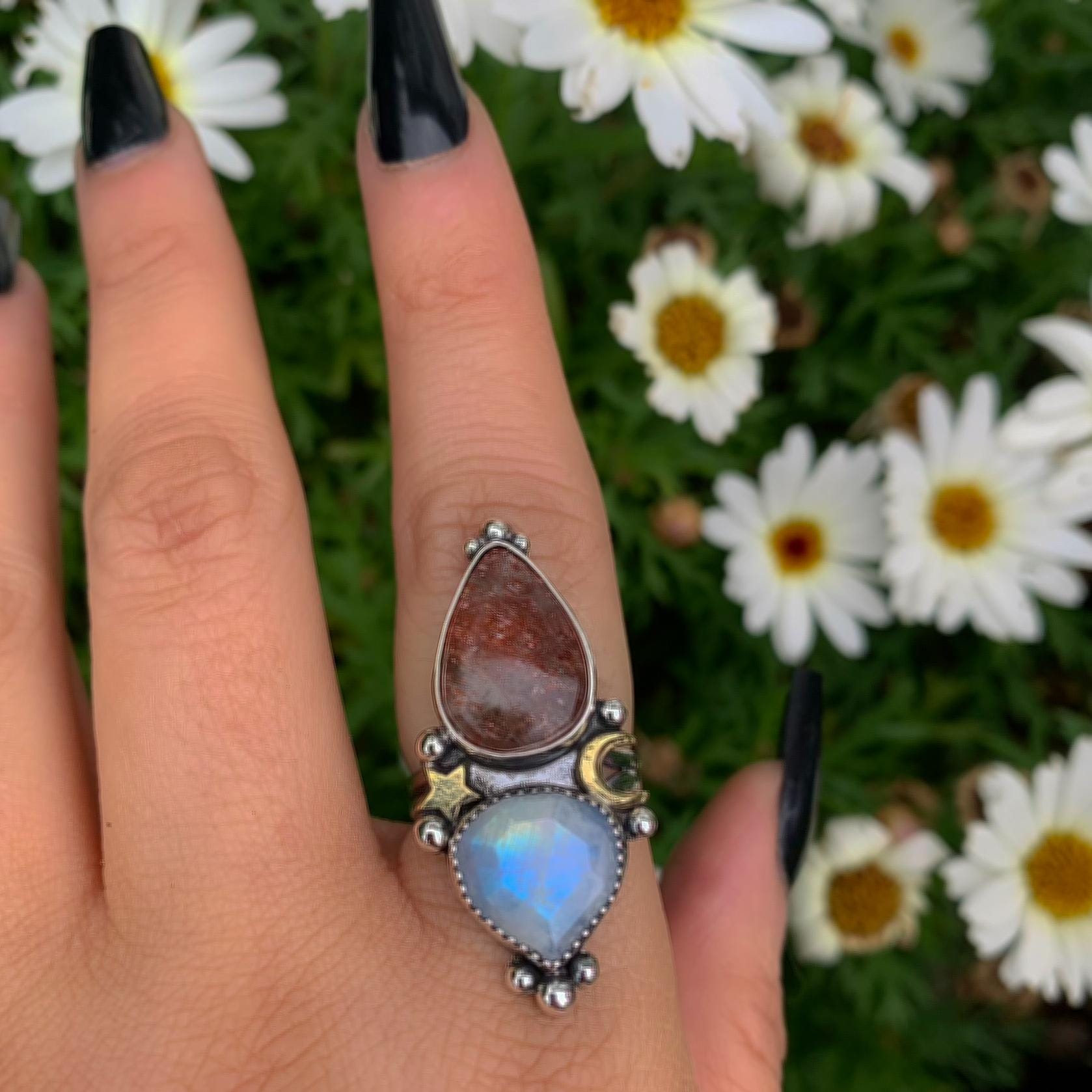 Sunstone & Moonstone Ring - Size 7 1/4 to 7 1/2 - Sterling Silver - Crescent Moon and Star Jewelry - Multi Stone Celestial Sunstone Ring