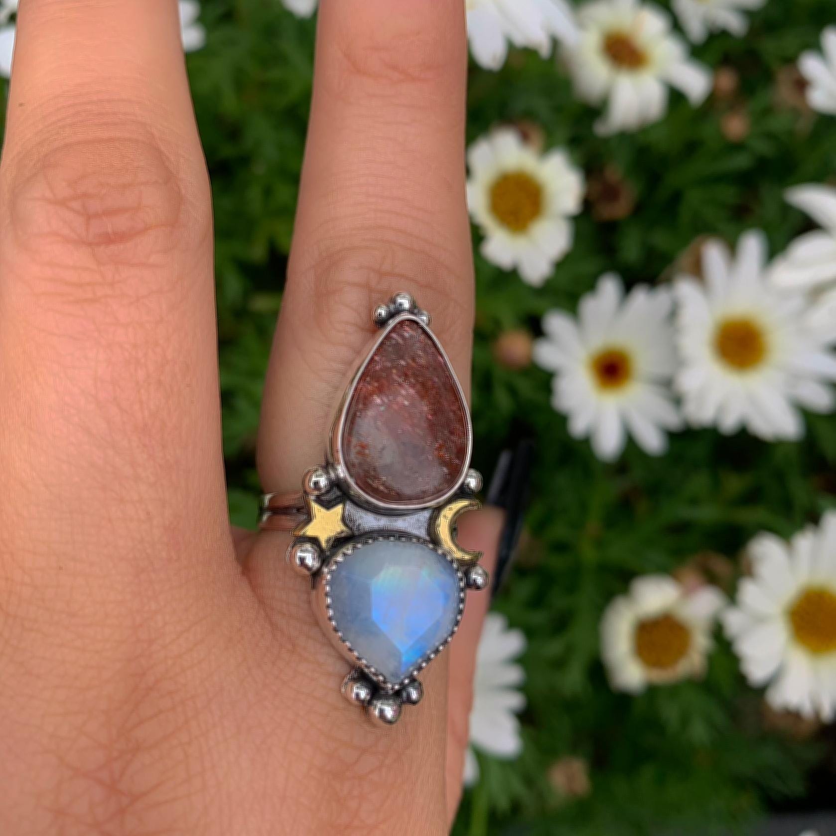 Sunstone & Moonstone Ring - Size 7 1/4 to 7 1/2 - Sterling Silver - Crescent Moon and Star Jewelry - Multi Stone Celestial Sunstone Ring